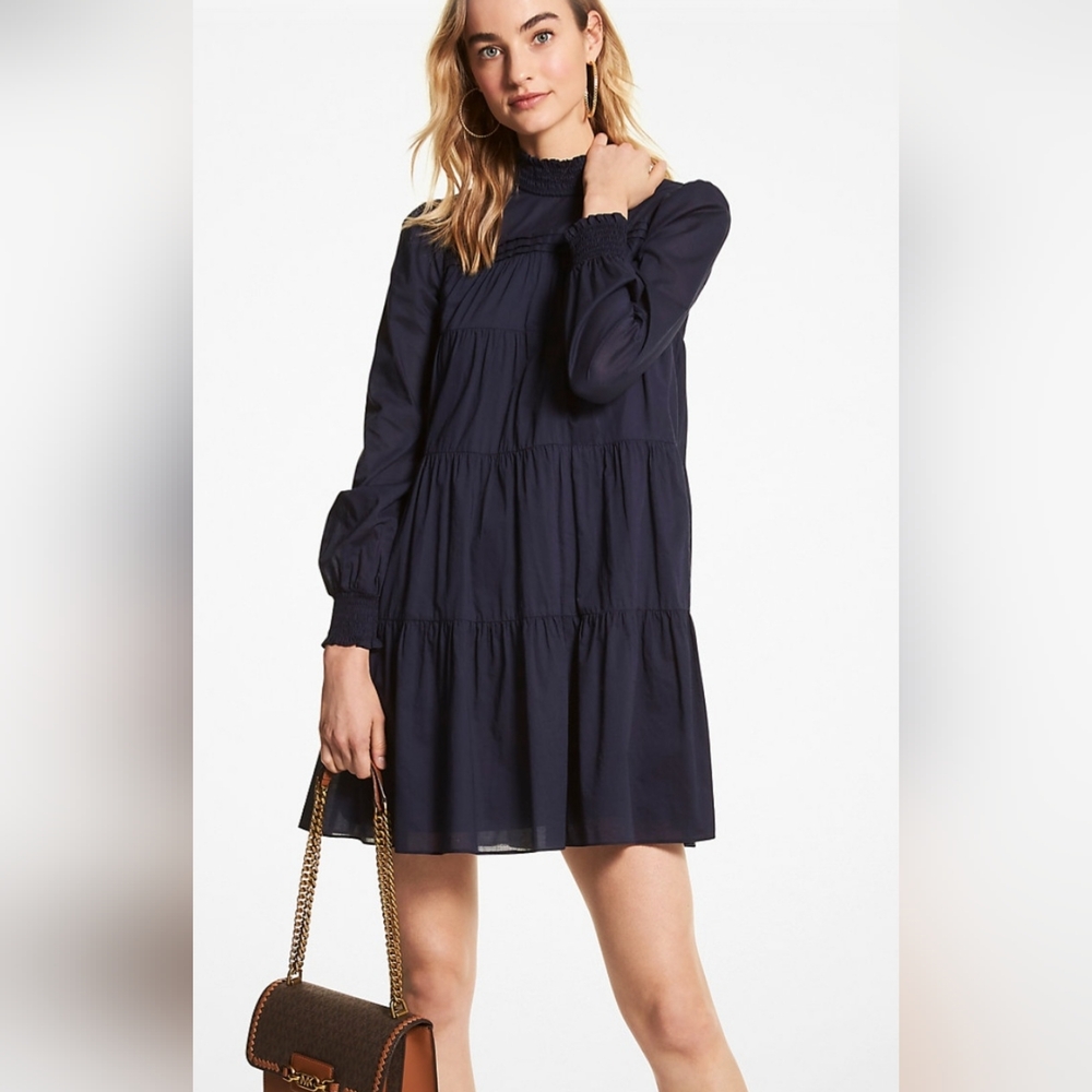 Michael Kors Smocked Cotton Dress In Navy Blue
